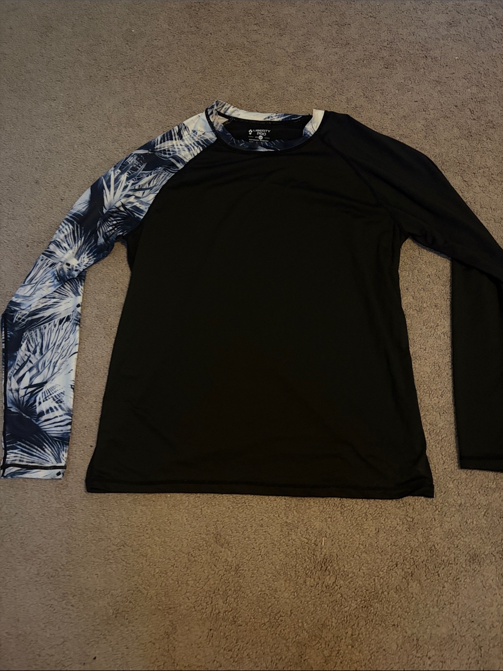 Men's Black Rash Guard Swim Shirt with Blue Palm Sleeve